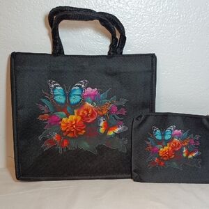 Butterfly Print Black Tote Bag Set